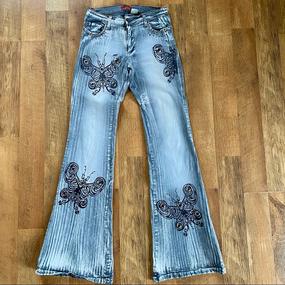 Studded Bell Bottom Flare Denim Butterfly Jeans